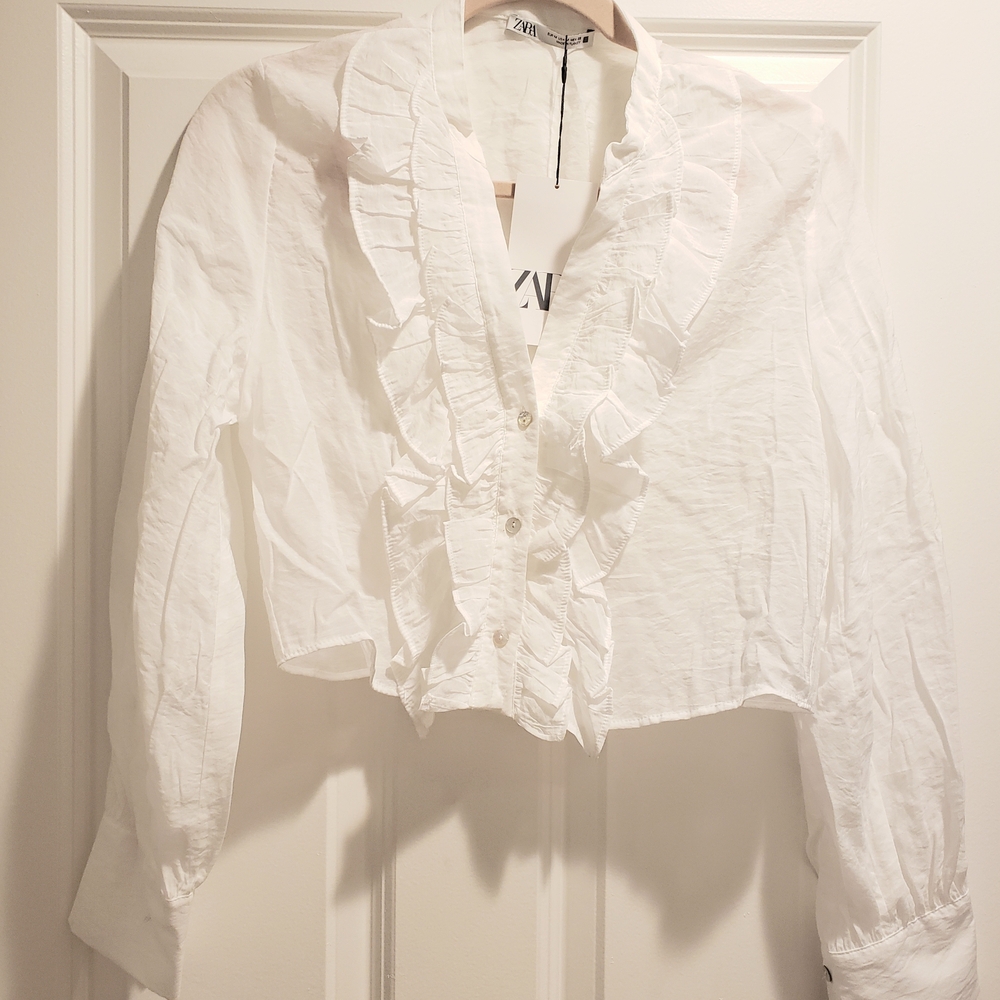 Zara White Ruffled Crop Blouse
